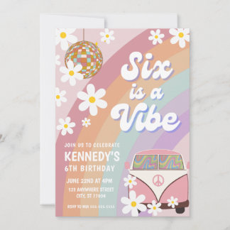 Six is a vibe 6th birthday invitation groovy girl