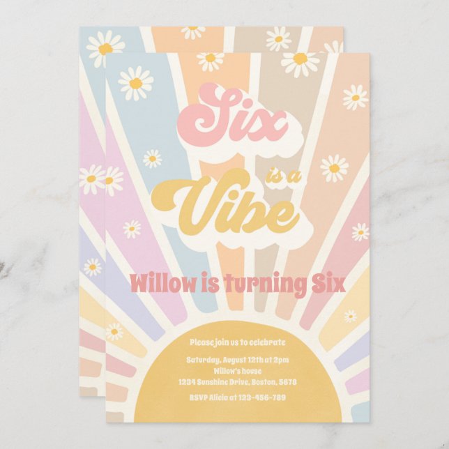 Six Is A Vibe Boho Sunshine 6th Birthday Party Invitation (Front/Back)