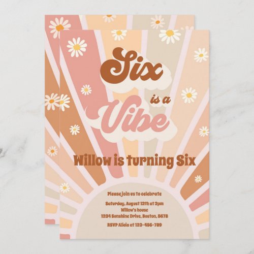 Six Is A Vibe Boho Sunshine 6th Birthday Party Invitation