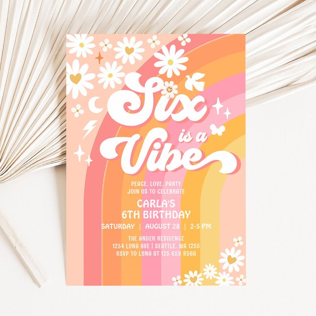SIX is a Vibe Daisy 6th Groovy Birthday Invitation (Creator Uploaded)