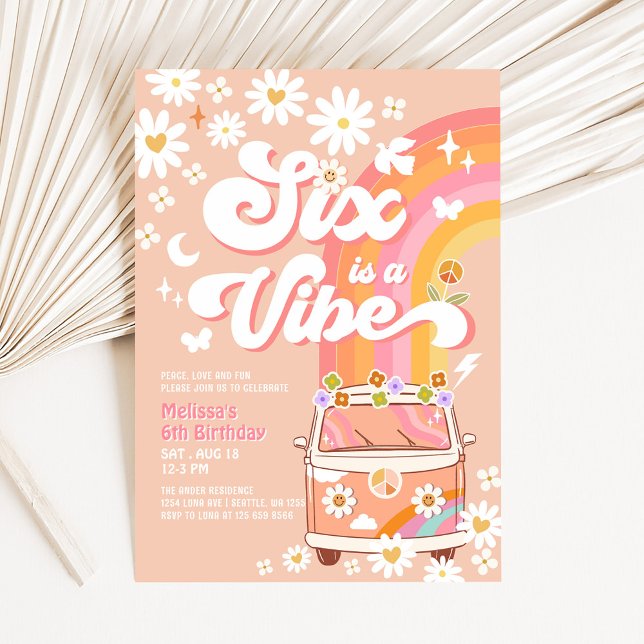 Six is A Vibe Girl Pink Peach Daisy 6th Birthday Invitation (Creator Uploaded)
