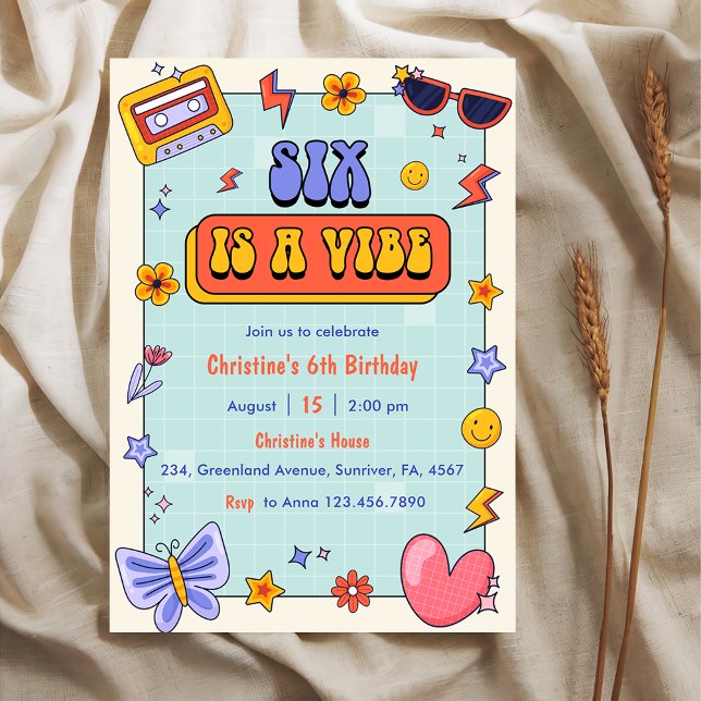 Six Is A Vibe Groovy Hippie 6th Birthday Party  Invitation (Creator Uploaded)