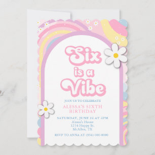 Six is a Vibe Groovy, Retro Girl Pastel Colors Invitation
