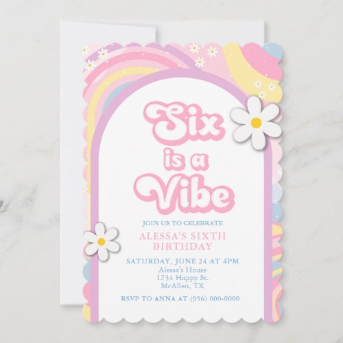 Six is a Vibe Groovy Retro Girl Pastel Colors Invitation