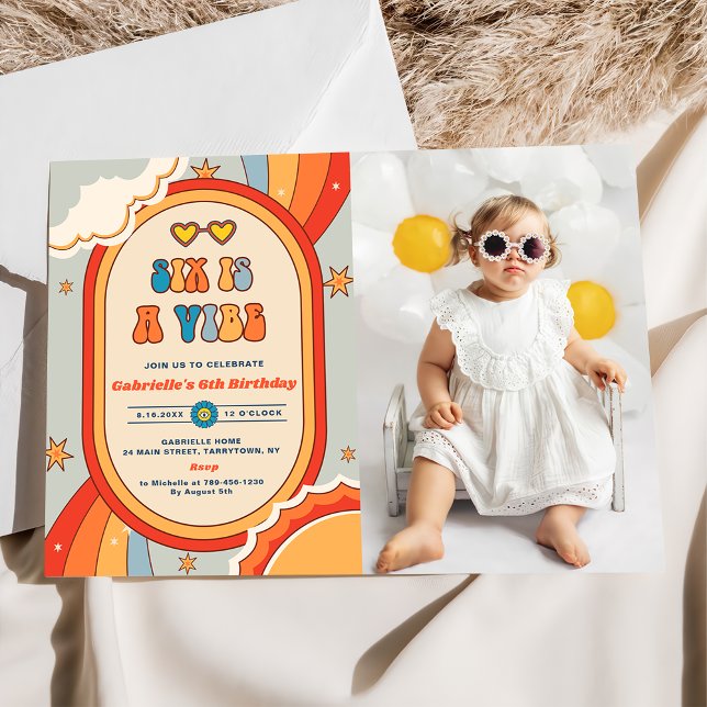 Six Is A Vibe Groovy Retro Rainbow 6th Birthday  Invitation (Creator Uploaded)