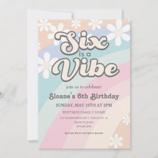 Six is a Vibe Groovy Retro Rainbow Daisy Invitation
