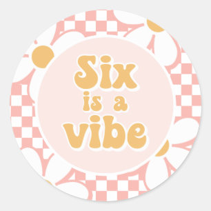 Six is a Vibe Pink Daisy Checker Classic Round Sticker