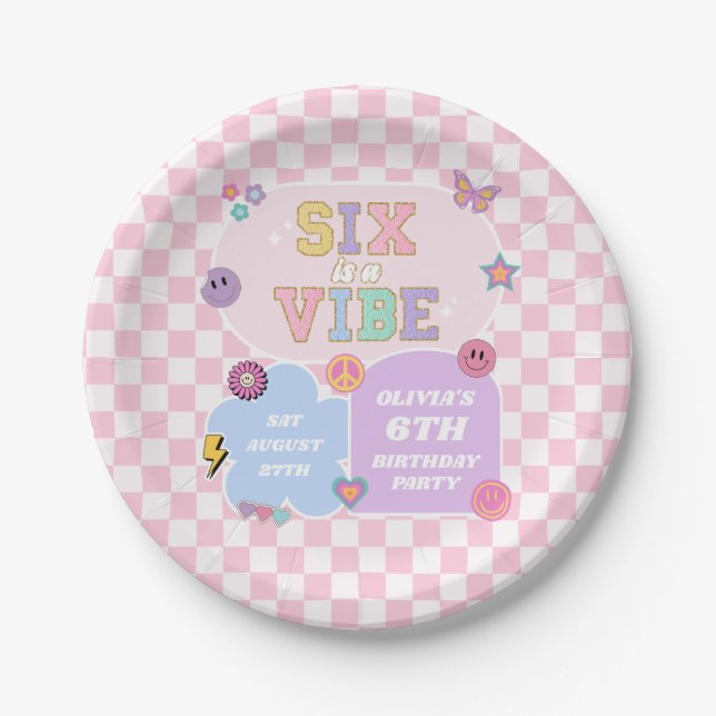 Six Is A Vibe Preppy Patch 6th Birthday Party Paper Plates (Front)