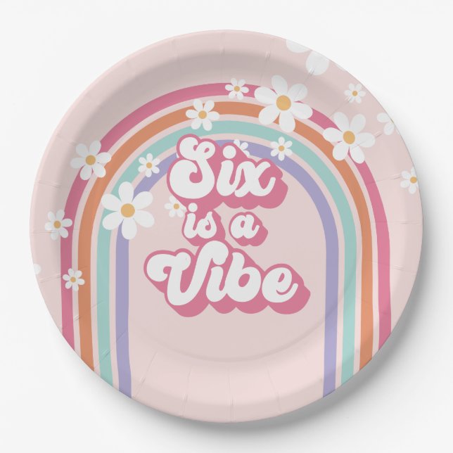 Six is a Vibe Rainbow Pink 6th Birthday Paper Plates (Front)