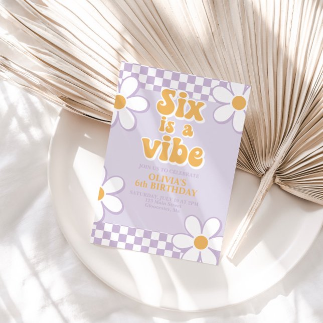 Six is a Vibe Retro Check Lilac Daisy Invitation (Creator Uploaded)