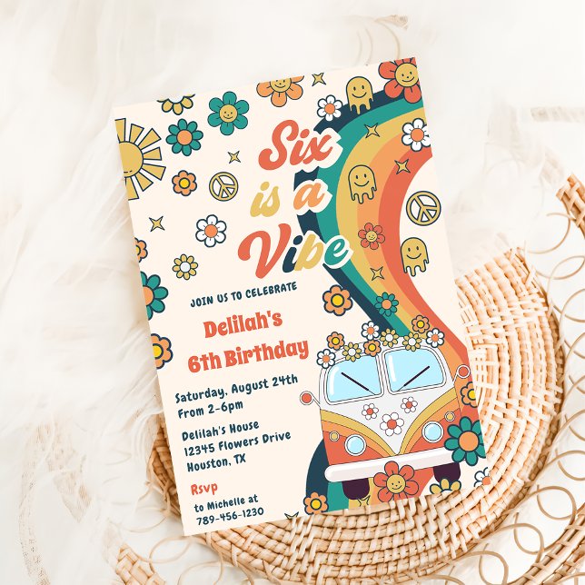 Six Is A Vibe Retro Floral 6th Birthday Party Invitation (Creator Uploaded)