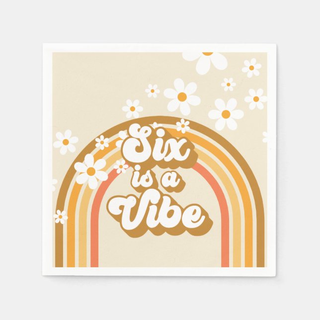 Six is a Vibe Retro Rainbow Groovy 6th Birthday Napkins (Front)