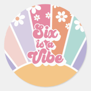 Six is a Vibe Retro Sunshine Rainbow Daisy Classic Round Sticker