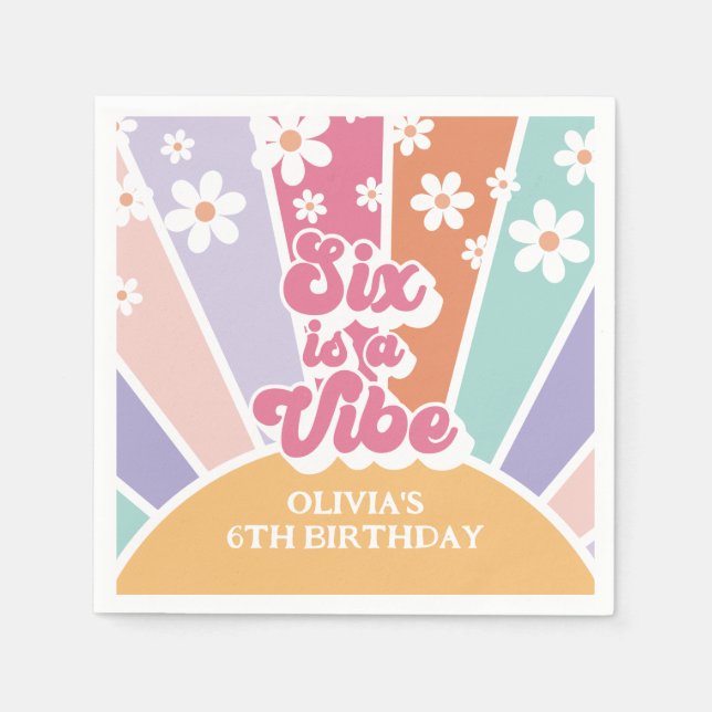 Six is a Vibe Retro Sunshine Rainbow Daisy Napkins (Front)