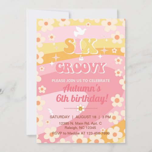 Six is Groovy girl 6th birthday invite invitation