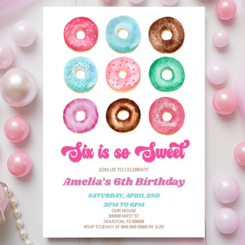 Six Is So Sweet Donut Sprinkle 6th Birthday Party Invitation