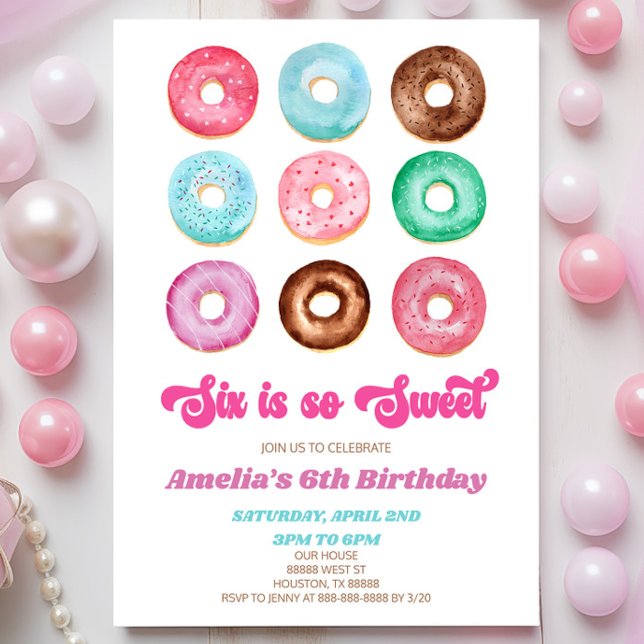 Six Is So Sweet Donut Sprinkle 6th Birthday Party Invitation (Creator Uploaded)