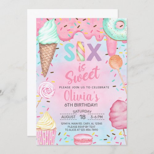 Six is so Sweet girl 6th sixth birthday invitation