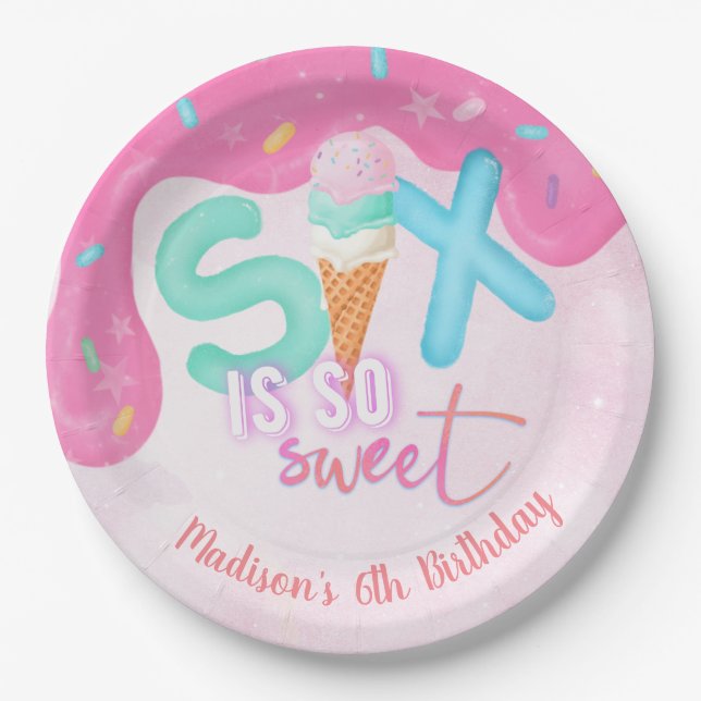 six is so sweet Pink Frosting Paper Plates (Front)
