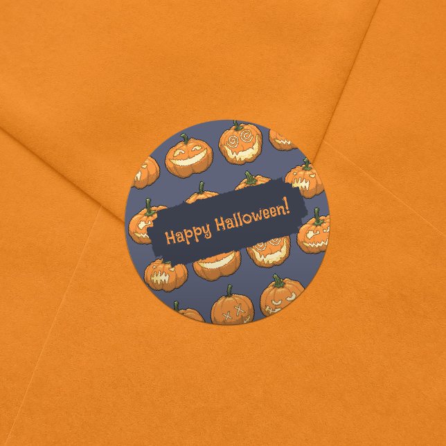 Six Jack o'Lantern Pixel Pumpkins Pattern Classic Round Sticker (Creator Uploaded)