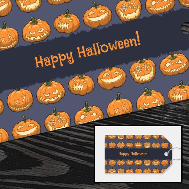 Six Jack o'Lantern Pixel Pumpkins Pattern Gift Tag (Creator Uploaded)