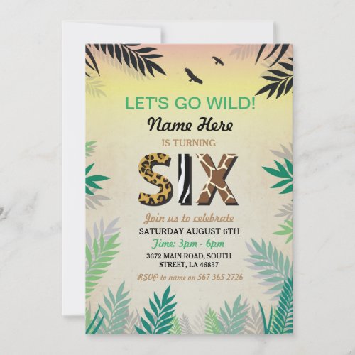 SIX Jungle 6TH Birthday Party Safari ZOO Invite