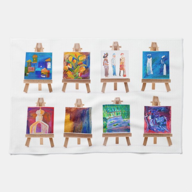 Six mini paintings on easels isolated on white towel (Horizontal)