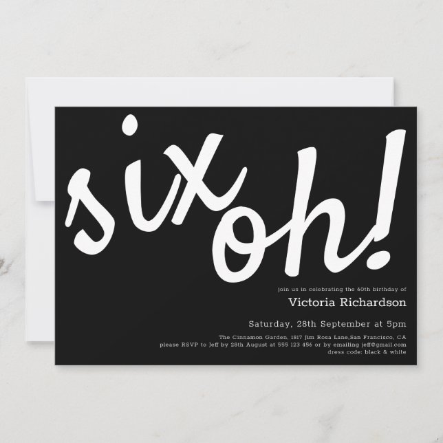 Six Oh! Minimalist Black White Funny 60th Birthday Invitation (Front)