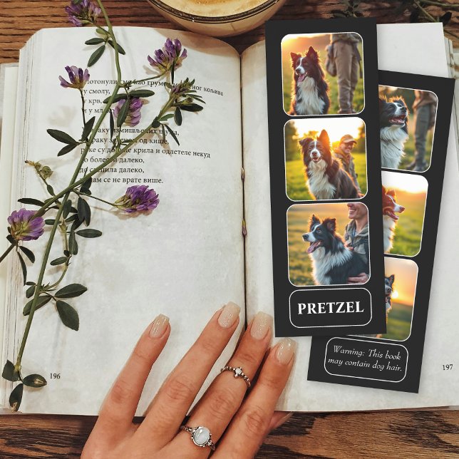 Six photo collage dog name and quote black bookmarks (Creator Uploaded)