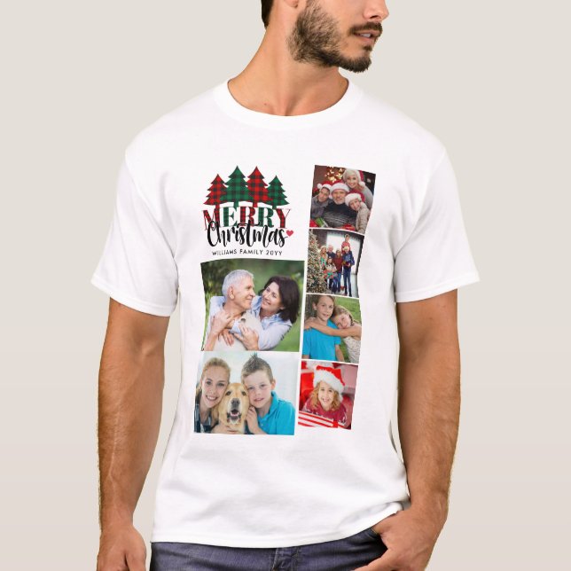 Six Photo Plaid Family Name Merry Christmas  T-Shirt (Front)