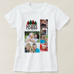 Six Photo Plaid Family Name Merry Christmas Womens T-Shirt
