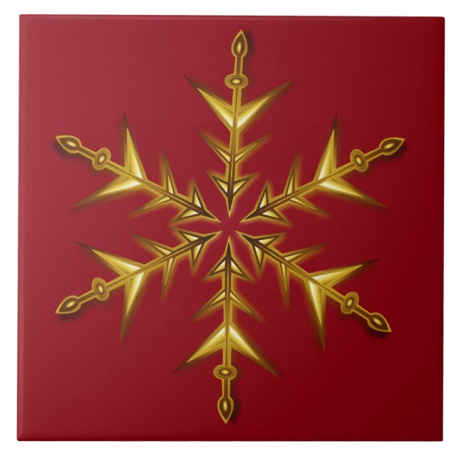 Six Point Golden Christmas Star Over Red Backdrop Ceramic Tile (Front)