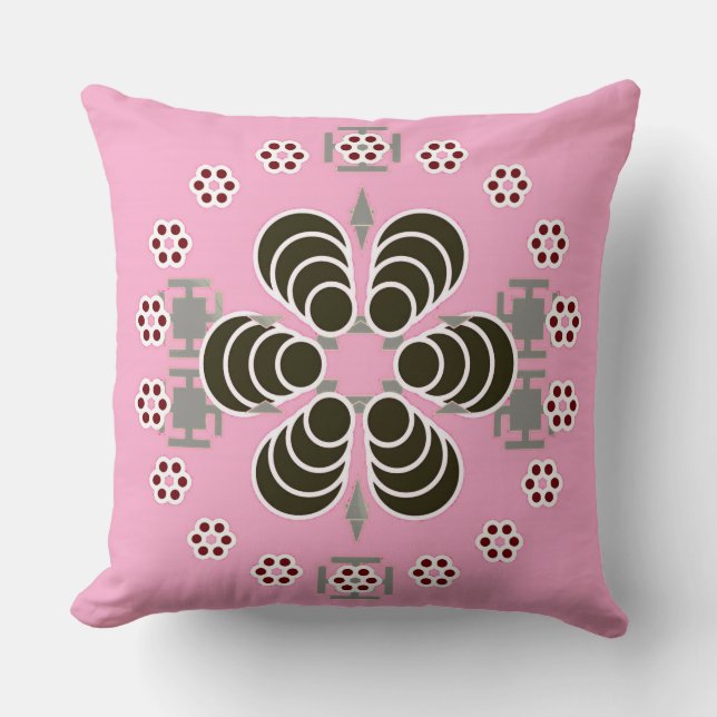 Six point Mandala - pink  and black Throw Pillow (Front)