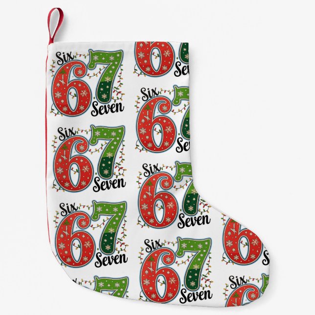 Six Seven 67 6 7 Christmas Meme Funny Xmas Lights Small Christmas Stocking (Front)