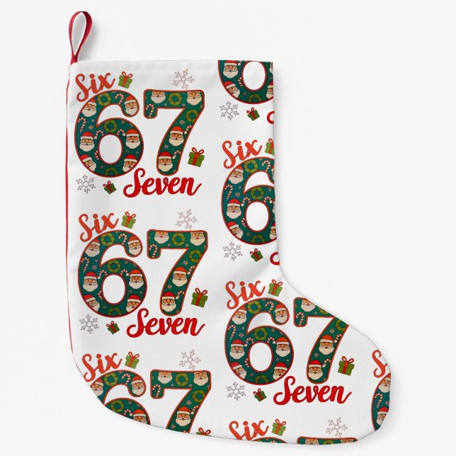 Six Seven 67 6 7 Meme Christmas Xmas Santa Hat Small Christmas Stocking (Front)