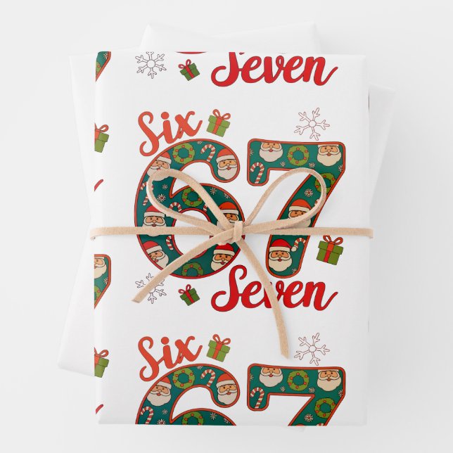 Six Seven 67 6 7 Meme Christmas Xmas Santa Hat Wrapping Paper Sheets (In situ)