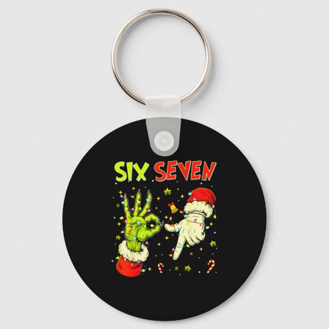 Six Seven 67 Funny Hand-sign Christmas Meme  Keychain (Front)