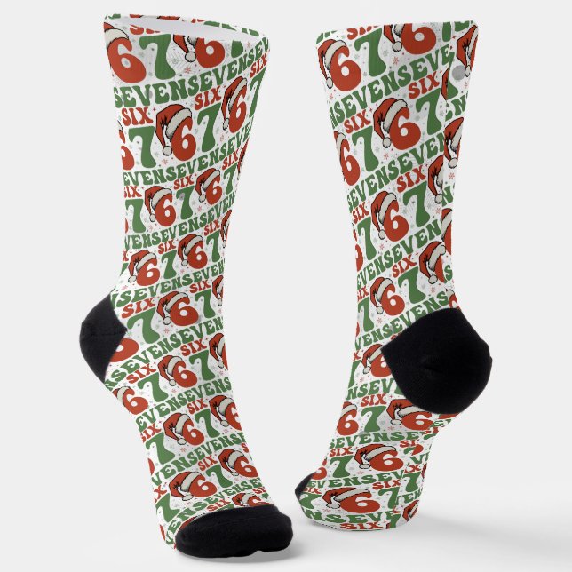 Six Seven 67 Funny Santa Hat Christmas Xmas Meme Socks (Angled)