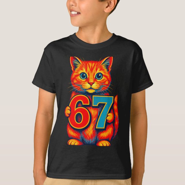 Six Seven 67 Meme 6 7 Cat Youth Boy Girl  T-Shirt (Front)