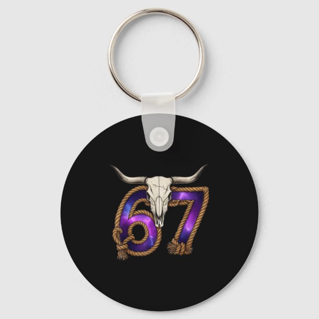 Six Seven 67 Meme Funny Western Cowboy Bull Skull  Keychain (Front)