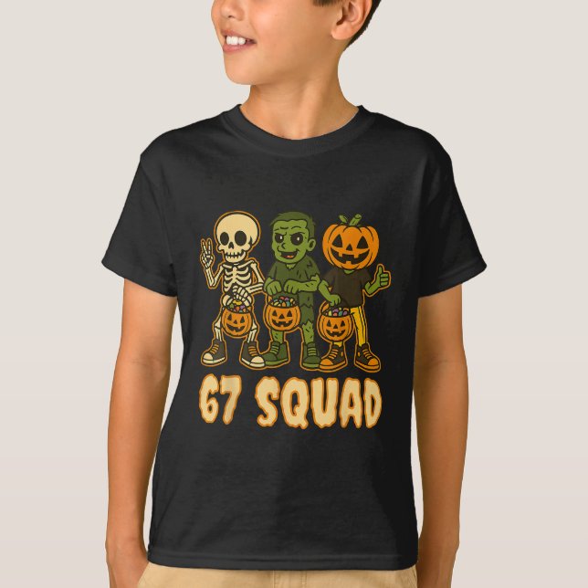 Six Seven 67 Squad Skeleton Pumpkin Halloween Boys T-Shirt (Front)
