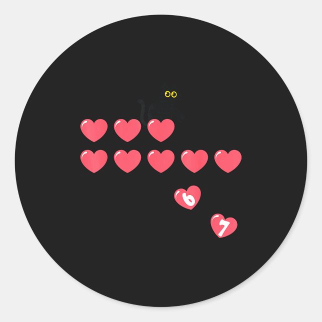 Six Seven Black Cat Knocking Off Hearts Funny 67 V Classic Round Sticker (Front)