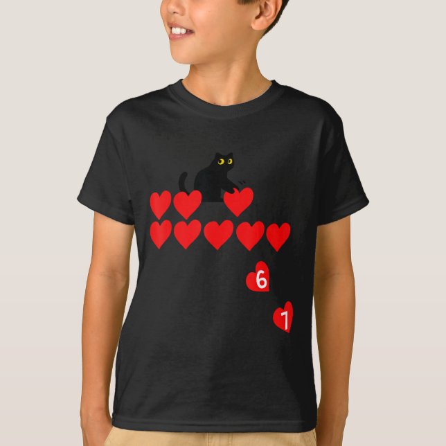 Six Seven Black Cat Knocking Off Hearts Funny 67 V T-Shirt (Front)