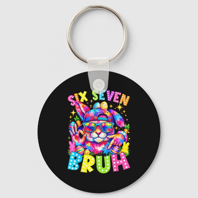 Six seven bruh easter bunny face tie dye glasses keychain (Front)