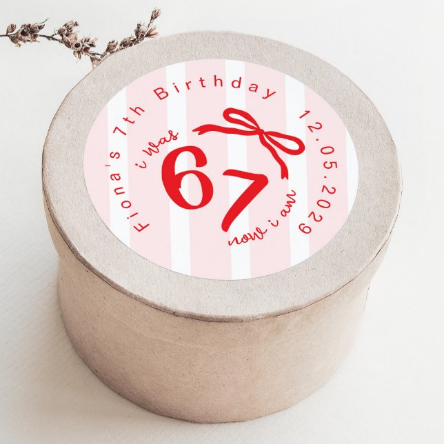 Six Seven Coquette Girl 7th Birthday Bow Thank you Classic Round Sticker (Creator Uploaded)