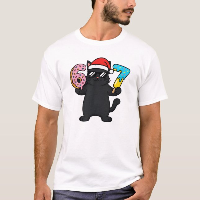 Six Seven Meme Black Cat Christmas Gift Tee (Front)