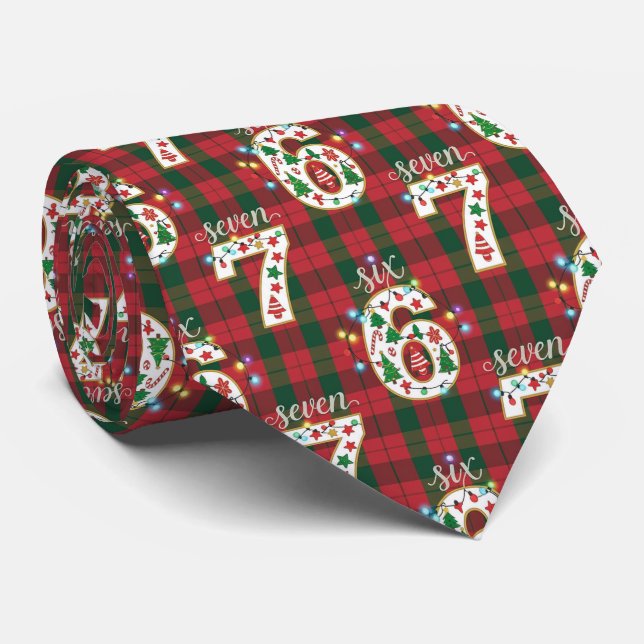 Six Seven Plaid Funny Xmas Lights 67 Christmas Neck Tie (Rolled)