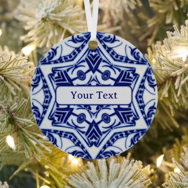 Six-Sided Star Blue and White Ceramic Look Metal Ornament (Insitu)