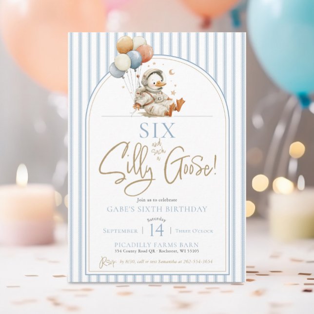 SIX Silly Goose Space Astronaut Boy 4th Birthday Invitation (SIX Silly Goose blue ticking pinstripes modern arch cute space astronaut boy 6th birthday invitation)