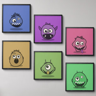Six Silly Monster Faces Framed Wall Art Set Peel And Stick Photo Tile